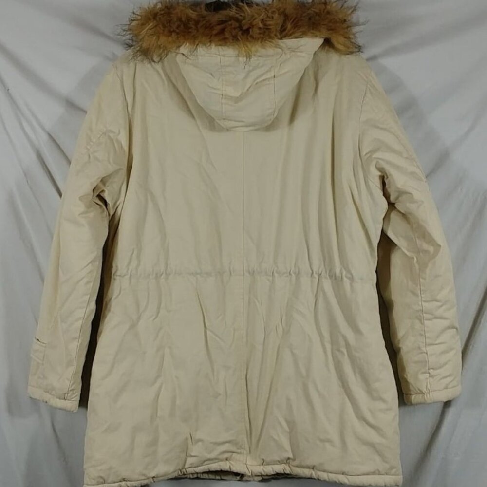 YXP Parka Women's Off White 100% Cotton Faux Fur Hooded Drawstring Waist Size L - Picture 2 of 8